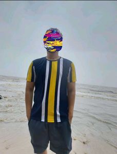 Stylish Navy Blue & Yellow Striped Casual T-Shirt