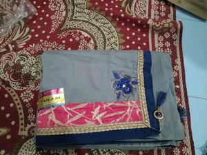 Grey Designated Work Saree With Unstitched Blouse