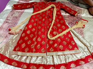 Elegant Red Banarasi Anarkali Set with Golden Moti