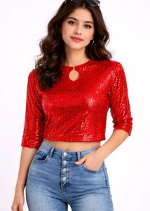 Red Luxe Keyhole Sequin Top💌
