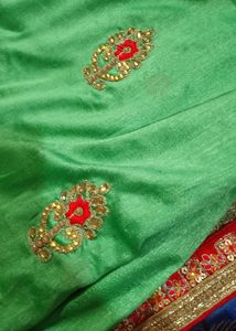 Green Saree With Red Velvet Border And Blouse