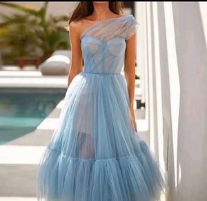 Blue Tulle Corset One-Shoulder maxi dress / gown