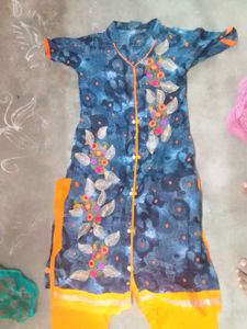 Blue & Yellow Embroidered Kurti Set