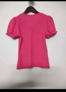 Pink Ribbed Puff Sleeve Top - Shein