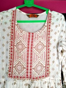 White &amp; Red Embroidered Kurti Set