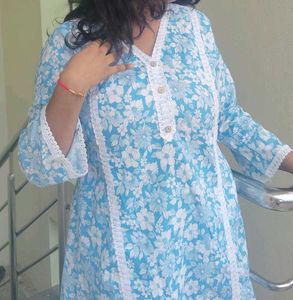 White Blue Floral Kurta.