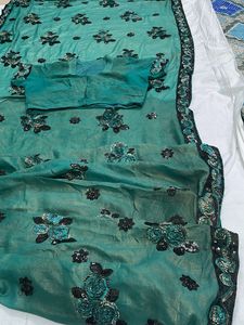 Emerald Green And Black Floral Saree