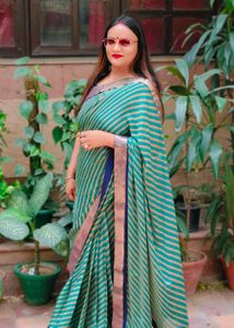 Peticoat attached Ready to wear Striped Green Sare