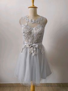 Gray Lace Tulle Party Dress