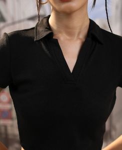 Black Ribbed Polo Crop Top