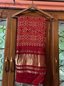 Red Bandhani Dupatta with Gold Border