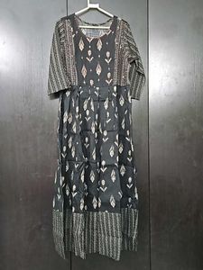 Black Foil Printed Dress With Front Chains