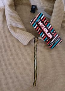 Beige Color Polo neck Patterned Tshirt With Zipper