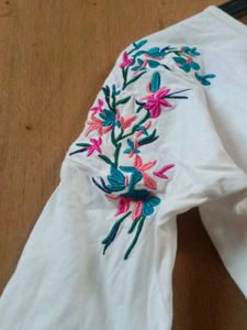 Floral Embroidered White Top With Tie