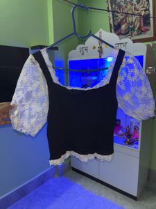 Black And White Velvet Lace Sleeve Top