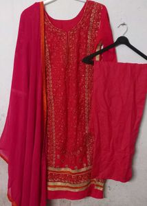 Rose Colour Embroidered Kurta Set