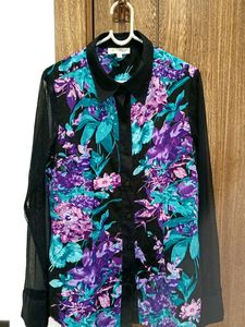 Designer Shirt For Girls With Black Net Sleeve