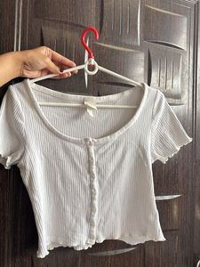 White Ribbed Button-Up Top