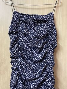 Navy Blue Floral Ruched Bodycon Mini Dress