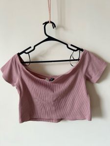 Pink Ribbed Off-Shoulder Top
