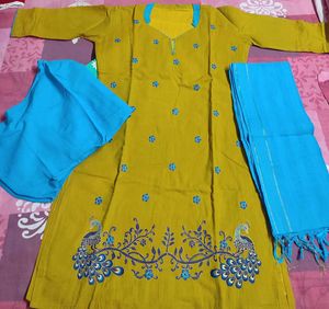 Sky Blue And Lime Green Cotton Kurta Set