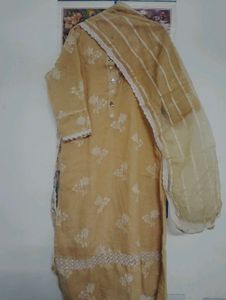 Cotton Liner Lace Work Set With Organza Dupatta