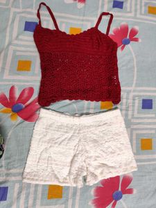 Crochet Top & Lace Shorts Set