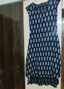 Navy Blue Printed High-Low Kurti with Pink Button