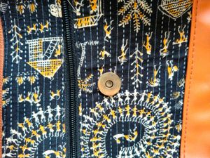 Brown And Blue Sling Bag With 3 Spaces