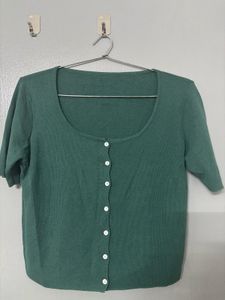 Green Button-Up Cardigan Scoop Neck Top