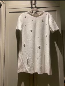 Zara White Embellished T-Shirt Dress