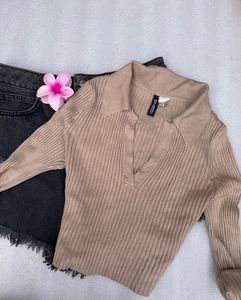 Ribbed Long Sleeve Polo Top