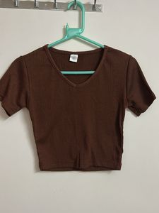 Brown Ribbed Crop Top
