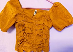 Mustard Yellow Ruched Balloon Sleeves Top