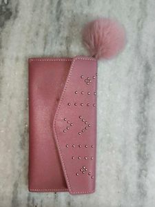 Pink Studded Wallet with Pom-Pom