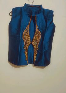 Blue Jacket &amp; Golden Party Wear Dress For Girl