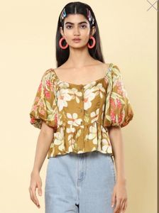 Label Ritu Kumar Olive Floral Print Top