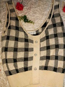 Checkered Knit Button-Up Top