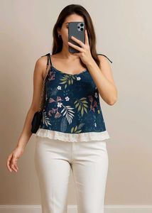 Floral Print Cami Top with Lace Trim