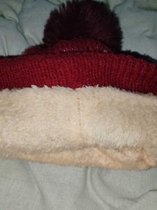 Red Patterned Knit Beanie with Pom