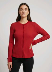 Red Ribbed Button-Down Top
