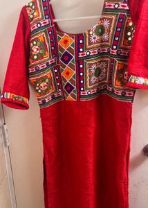 Red heavily embroidered kurta