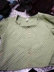 Green Textured Button-Up Top