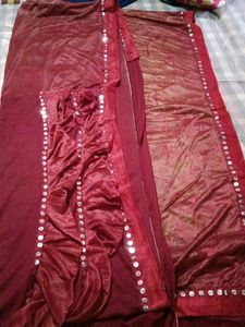 Maroon Frill Sari With Mirror Work