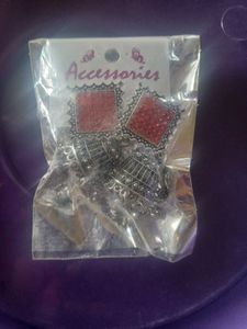 Red &amp; Silver Jhumka Earrings
