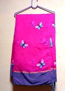 Pink Butterfly Cotton Silk Saree With Gray Blouse