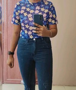 Zudio Women Floral Print High Neck Sheer Crop Top