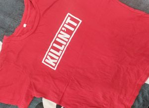 red tshirt half sleeves, goes well on black jeans and also tracks, bust size -36