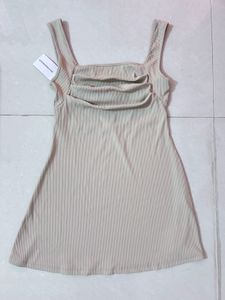 Ruched Square Neck Mini Dress In Beige