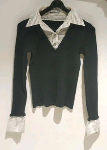 Elegant Black Sweater with Attached Blouse